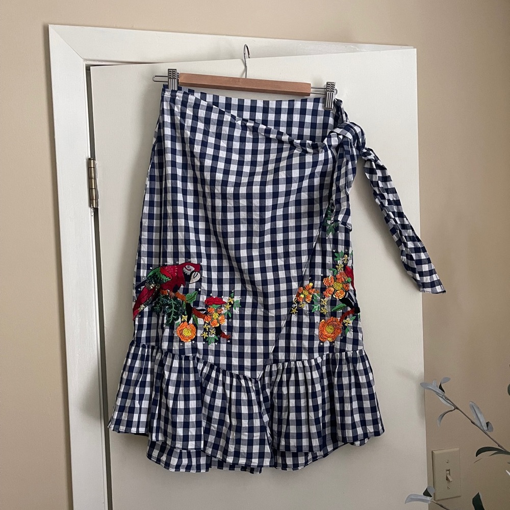 Zara Navy Gingham Wrap Skirt with Sequin Appliqués